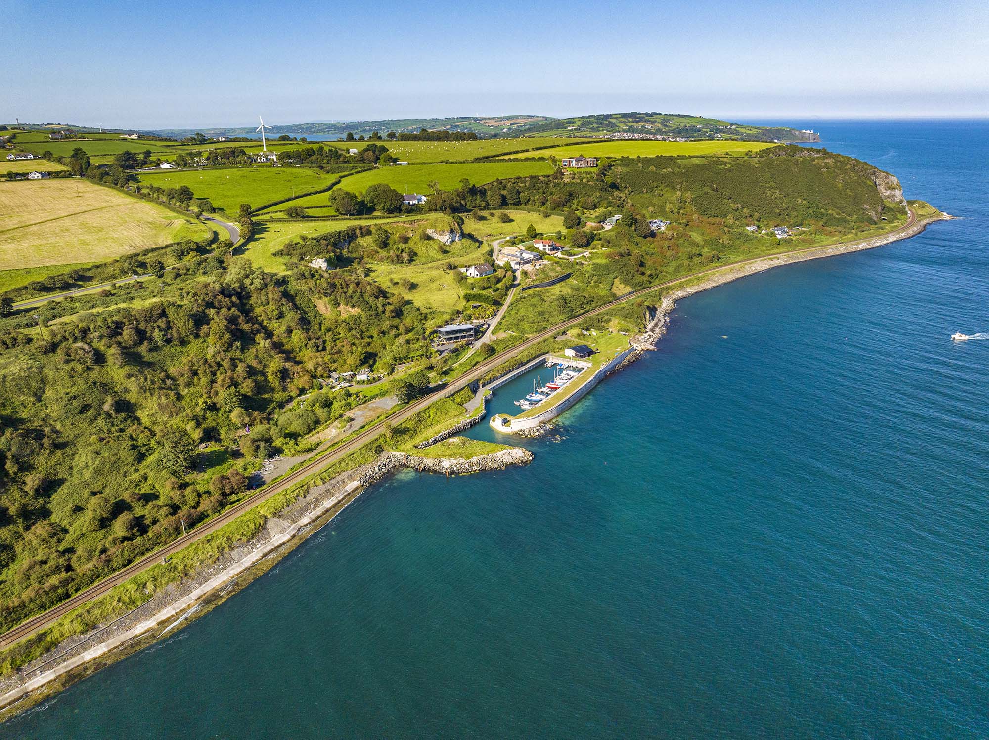 Drone shot of Whiteharbour with Whitehead in the background
