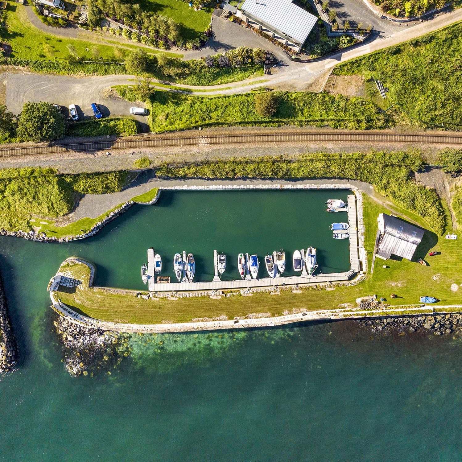 Birds eye view of Whiteharbour dock in Whitehead, Northern Ireland